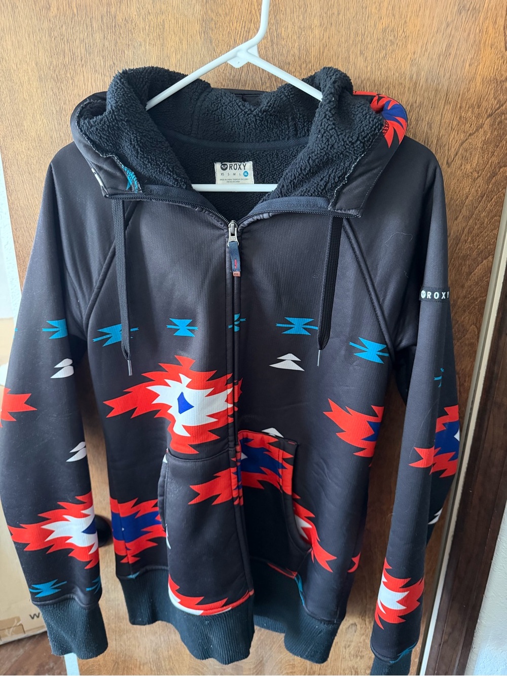 Roxy Black Hoodie with Orange, Blue & White Aztec Print